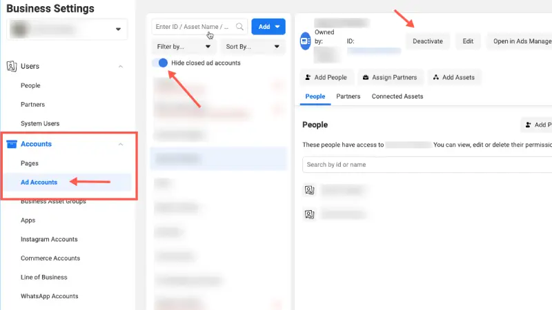 Way delete Facebook ad accounts in the Facebook Business Manager